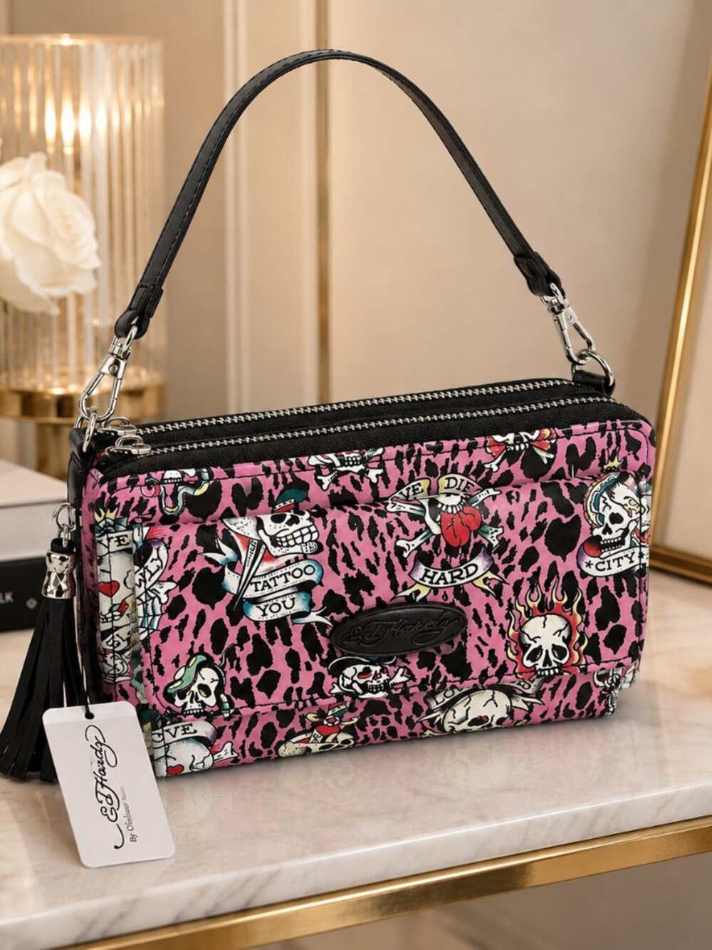 Ed Hardy Pink Leopard Skull Tattoo Wallet Crossbody Bag NWT